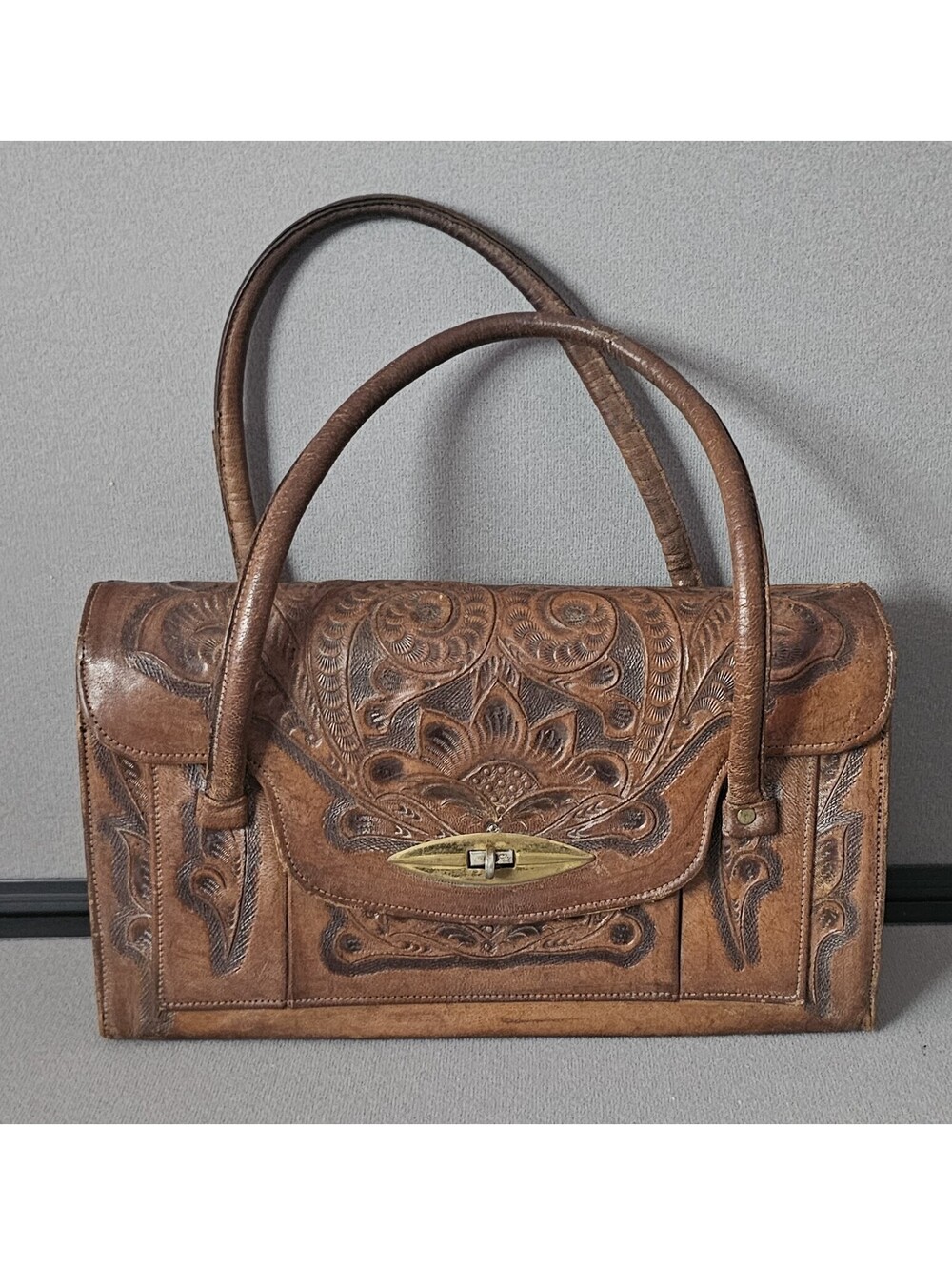 Vintage Brown Tooled Handcrafted Leather Satchel Handbag with Floral Design